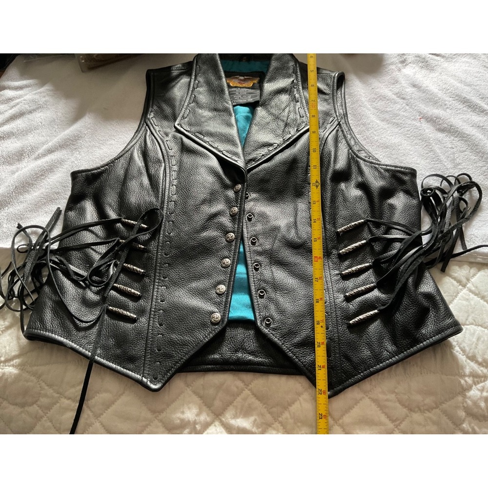 Womens Harley Davidson Black Leather Vest M 38" Bust Lace Fringe Snaps Beads - Picture 6 of 9